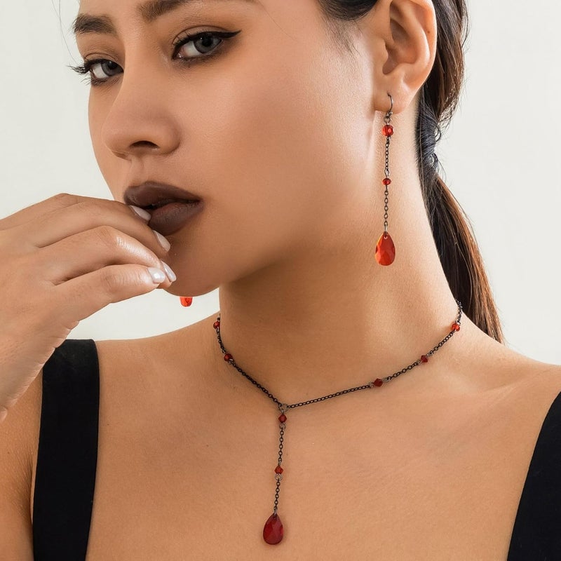 Cicod Gothic Y Necklace,Goth Black Red Crystal Bead Teardrop Necklace,Punk Y Necklace,Halloween Christmas New Year Jewelry Vampire Accessories for Women - Image 2